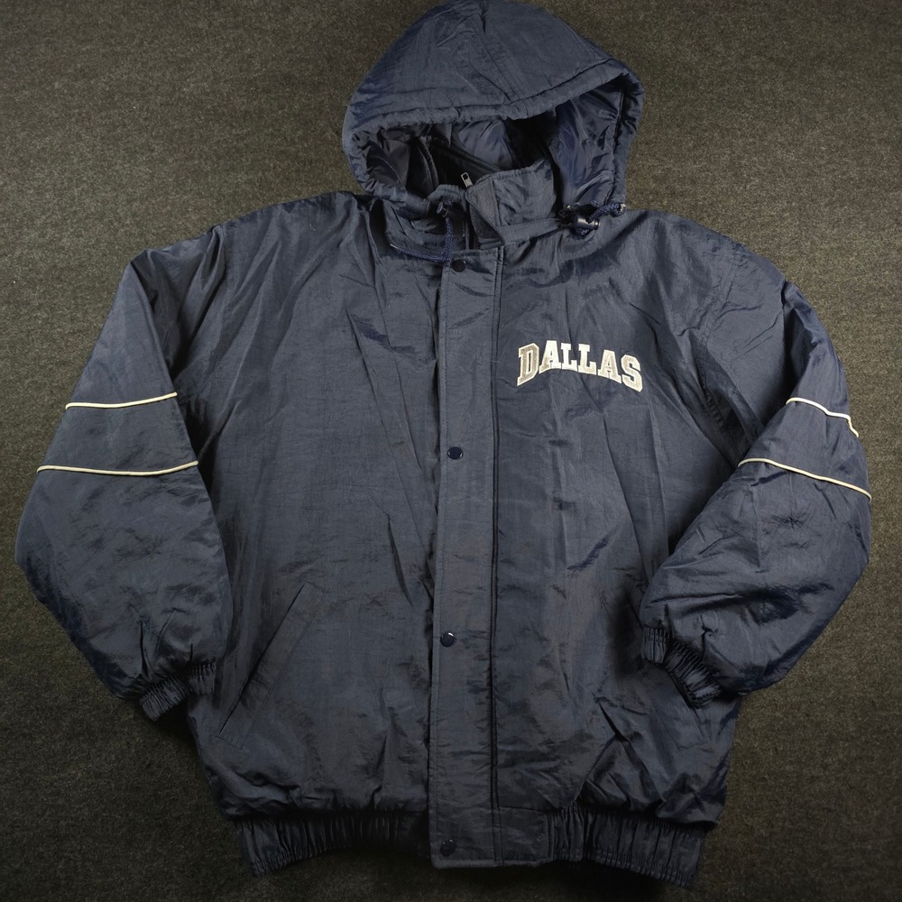 Vtg Dallas Mens Navy Blue Hooded Puffer Jacket Sportswear Parka Coat Size L